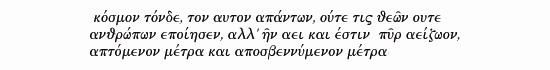  but there is no kosmos, as everyone seems to believe; 
                  no such thing was created by either gods or people - instead, there is, was and always will be eternal fire, 
                  raising as well as quenching expectations of order 